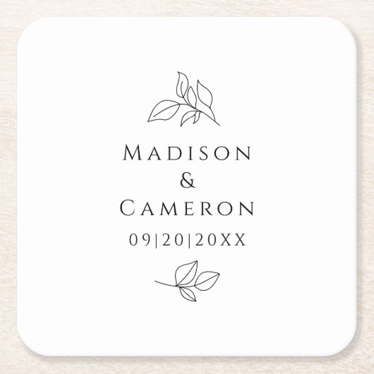 エレガントウェディング葉ズ名前&日付白黒 スクエアペーパーコースター (正面)
