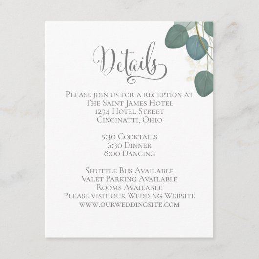 エレガントウェディング詳細グリーンユーカリ離れス エンクロージャーカード (正面)