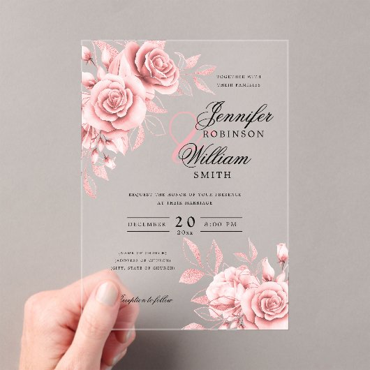 エレガントウェディング赤面バラ金ゴールドフローラ アクリル招待状 (インサイチュ (ポータブル))