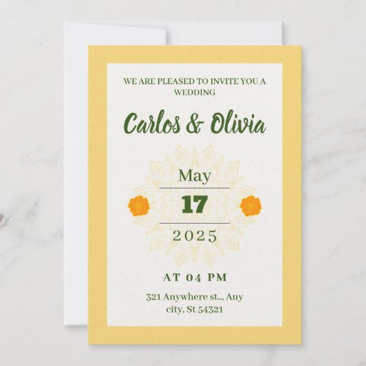 エレガントウェディング金ゴールドデザインオレンジ色の花 招待状 (正面)