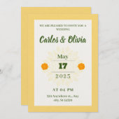 エレガントウェディング金ゴールドデザインオレンジ色の花 招待状 (正面/裏面)