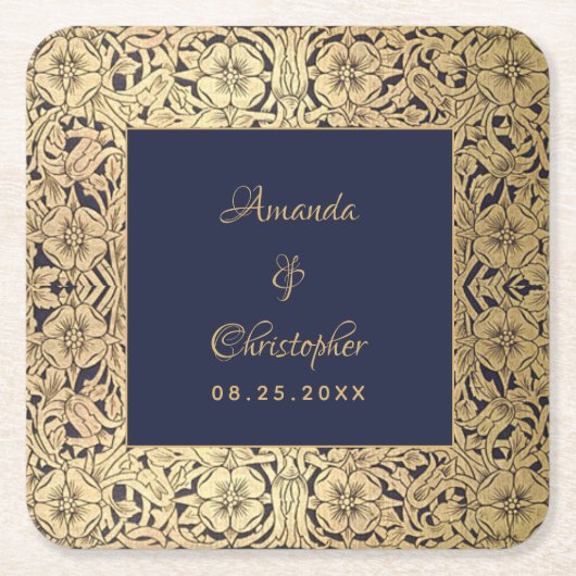 エレガントウェディング金ゴールドネイビーブルーヴィンテージワイルドバラ スクエアペーパーコースター (正面)