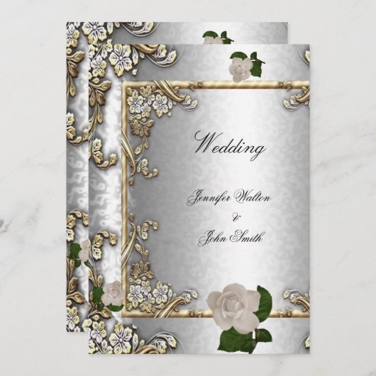 エレガントウェディング金ゴールドバラシルバーホワイト2 招待状 (正面/裏面)