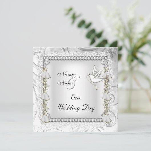 エレガントウェディング金ゴールドホワイト鳩 招待状 (スタンド正面)