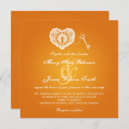 エレガントウェディング鍵とマイハートオレンジ 招待状 (正面/裏面)