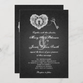エレガントウェディング鍵とマイハートブラック 招待状 (正面/裏面)