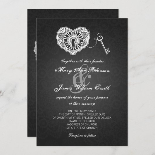 エレガントウェディング鍵とマイハートブラック 招待状 (正面/裏面)