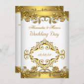 エレガントウェデ華美ィングフローラホワイト金ゴールド2 招待状 (正面/裏面)