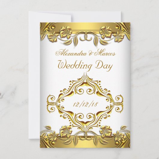 エレガントウェデ華美ィングフローラホワイト金ゴールド2 招待状 (正面)