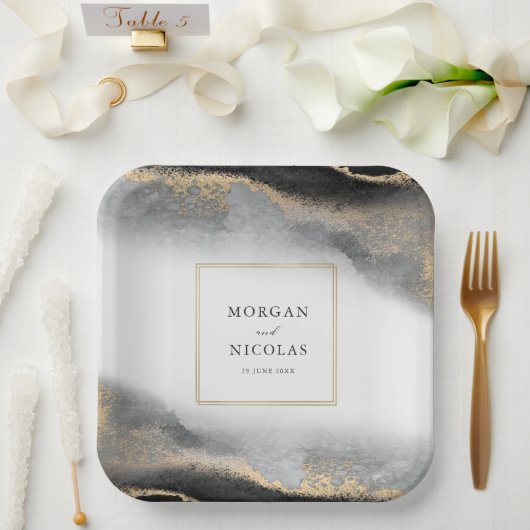 エレガントオプレンスブラックと金ゴールドモダン ペーパープレート (ウェディング)