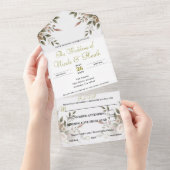 エレガントオリーブグリーン&ホワイトフローラコーナ結婚ーズ オールインワン招待状 (貼ってはがせる)