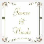 エレガントオリーブグリーン&ホワイトフローラコーナ結婚ーズ スクエアシール (正面)