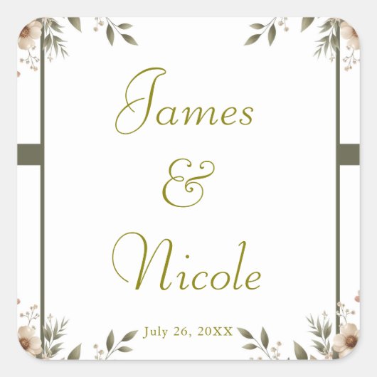 エレガントオリーブグリーン&ホワイトフローラコーナ結婚ーズ スクエアシール (正面)