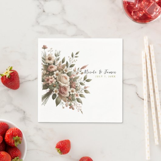 エレガントオリーブグリーン&ホワイトフローラコーナ結婚ーズ スタンダードカクテルナプキン (インサイチュ)