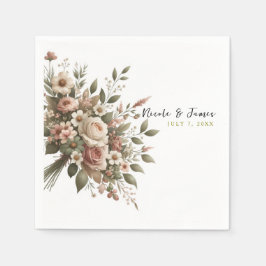 エレガントオリーブグリーン&ホワイトフローラコーナ結婚ーズ スタンダードカクテルナプキン