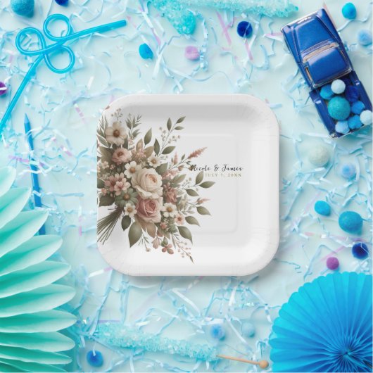 エレガントオリーブグリーン&ホワイトフローラコーナ結婚ーズ ペーパープレート (パーティー)