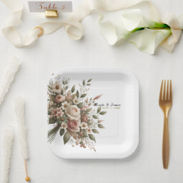 エレガントオリーブグリーン&ホワイトフローラコーナ結婚ーズ ペーパープレート