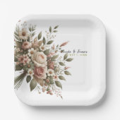 エレガントオリーブグリーン&ホワイトフローラコーナ結婚ーズ ペーパープレート (正面)
