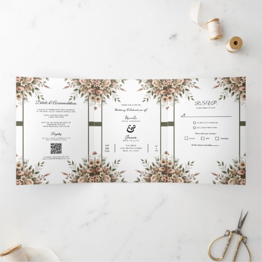 エレガントオリーブグリーン&ホワイトフローラコーナ結婚ーズ 三つ折り招待状 (内部)
