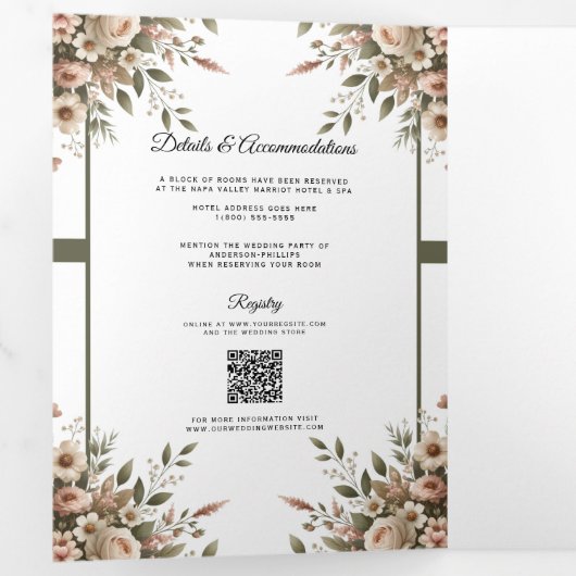 エレガントオリーブグリーン&ホワイトフローラコーナ結婚ーズ 三つ折り招待状 (内部最初)