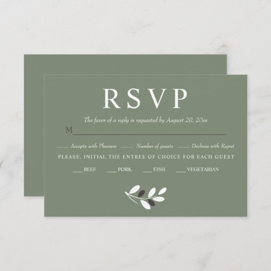 エレガントオリーブ地中海のブの枝の結婚魅力 出欠カード (正面/裏面)