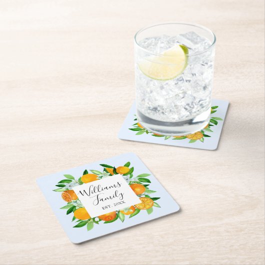 エレガントオレンジのフルーツとフラワーのサマー フローラル スクエアペーパーコースター (インサイチュ)