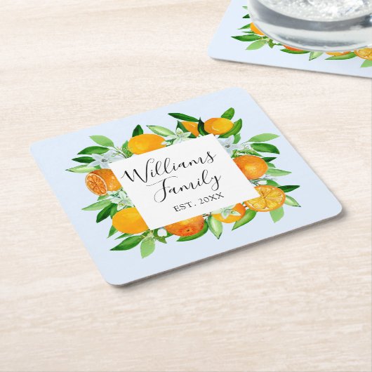 エレガントオレンジのフルーツとフラワーのサマー フローラル スクエアペーパーコースター (アングル)