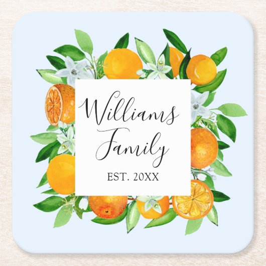 エレガントオレンジのフルーツとフラワーのサマー フローラル スクエアペーパーコースター (正面)