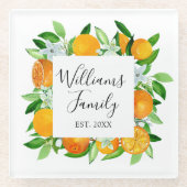 エレガントオレンジのフルーツと花のサマー フラワル ガラスコースター (正面)