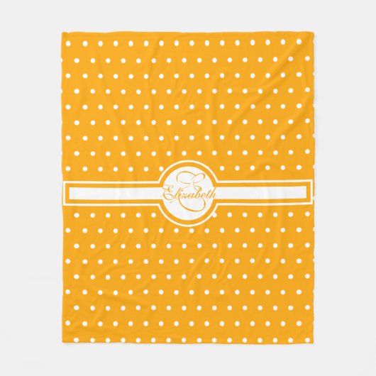 エレガントオレンジモノグラムの白水玉模様 フリースブランケット (正面)