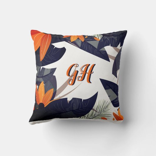 エレガントオレンジ色の灰色の離れ葉 クッション (裏面)