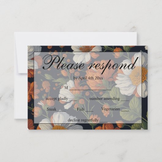 エレガントオレンジ色の白い黒ヴィンテージフローラ 出欠カード (正面)