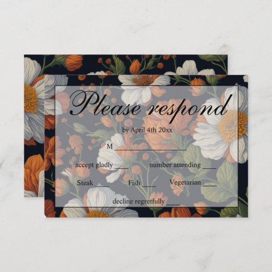 エレガントオレンジ色の白い黒ヴィンテージフローラ 出欠カード (正面/裏面)
