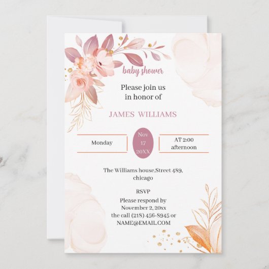 エレガントオレンジ色の赤ちゃんカスタマイズシャワー 招待状 (正面)