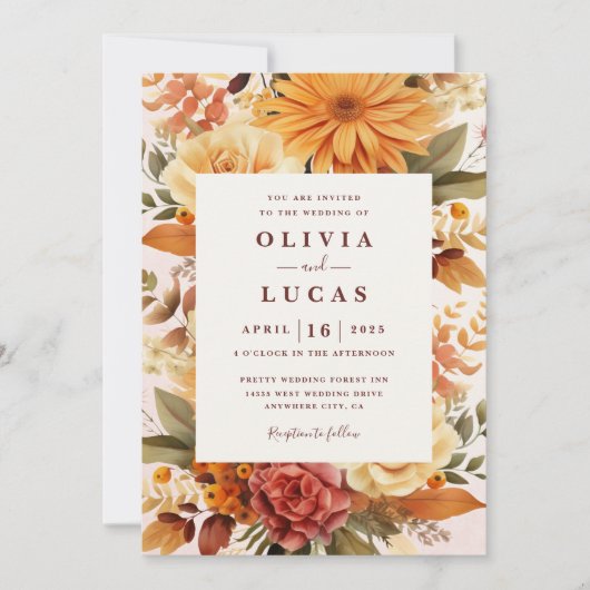 エレガントオレンジ花フレームウェディング 招待状 (正面)