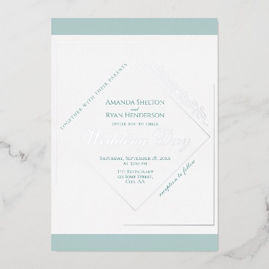 エレガントオーナメントターコイズシルバーフレ結婚ーム 箔招待状 (正面)