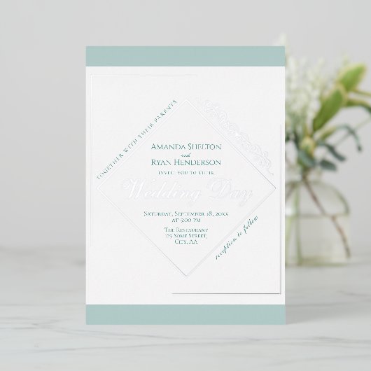 エレガントオーナメントターコイズシルバーフレ結婚ーム 箔招待状 (立ち正面)