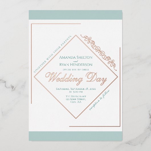 エレガントオーナメントターコイズフレ結婚ームの金ゴールドバラ 箔招待状 (正面)