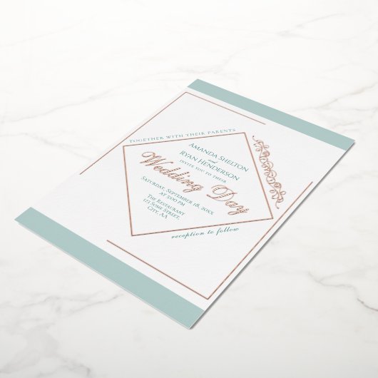 エレガントオーナメントターコイズフレ結婚ームの金ゴールドバラ 箔招待状 (回転した状態)