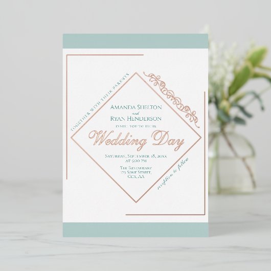 エレガントオーナメントターコイズフレ結婚ームの金ゴールドバラ 箔招待状 (立ち正面)