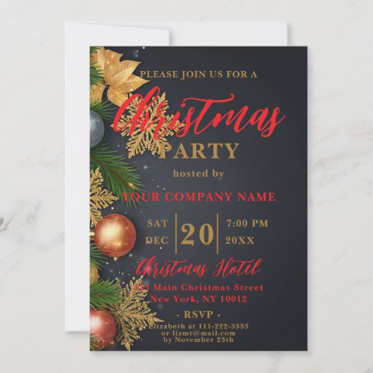 エレガントオーナメント企業ののクリスマスパーティー 招待状 (正面)