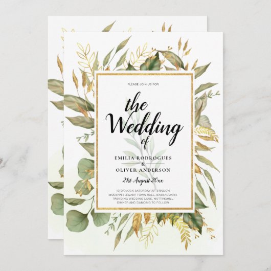 エレガントオールインワングリーンゴールドリーフウェディング 招待状 (正面/裏面)