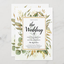 エレガントオールインワングリーンゴールドリーフウェディング 招待状
