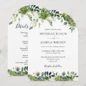 エレガントオールインワン グリーンフローラルアーチ ウェディング 招待状 (正面/裏面)