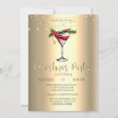 エレガントカクテル、ストリングライト金ゴールドクリスマス 招待状 (正面)