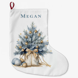 エレガントカスタムクリスマスツリー金ゴールドブルーウォーター色 ラージクリスマスストッキング