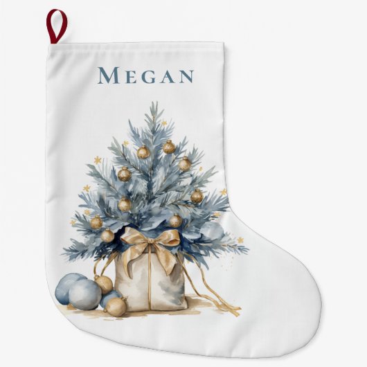 エレガントカスタムクリスマスツリー金ゴールドブルーウォーター色 ラージクリスマスストッキング (正面)