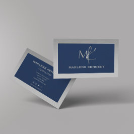 エレガントカスタムシルバーモノグラムネイビーブルービジネス 名刺