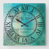 エレガントカスタムティール（緑がかった色）ブルーマンデラ スクエア壁時計 (正面)