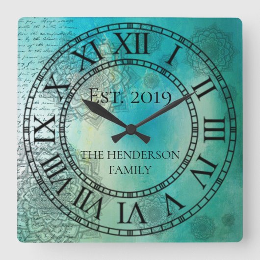 エレガントカスタムティール（緑がかった色）ブルーマンデラ スクエア壁時計 (正面)